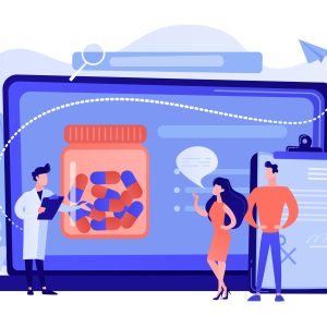 Tiny people, doctor prescribing medicine to patients online. Online prescription system, prescription management system, online pharmacy concept. Pinkish coral bluevector vector isolated illustration